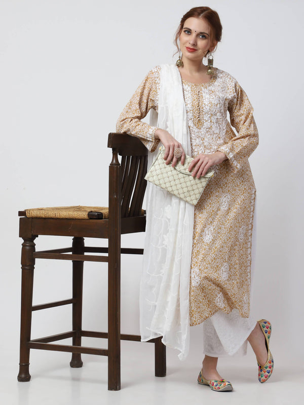 Women's Earth Yellow Cotton Chikankari Kurta Palazzo & Dupatta Set - Cheera