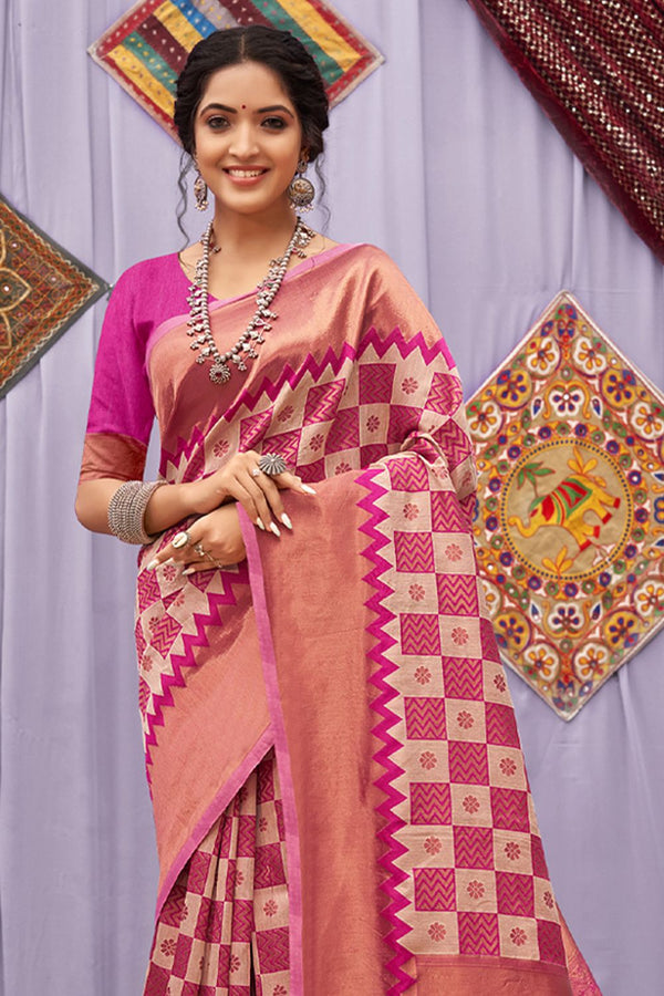 Women's Pink Cotton Woven Zari Work Traditional Tassle Saree - Sangam Prints