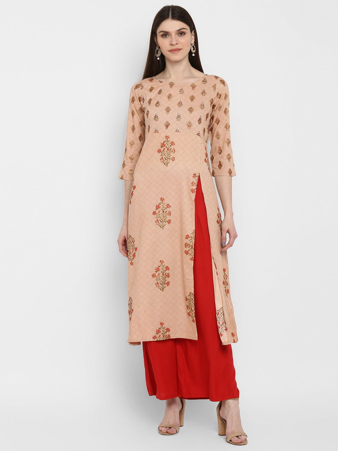 Women's Foil Print & Sequence Work A-Line With Side Cut Rayon Peach Kurti - Vbuyz