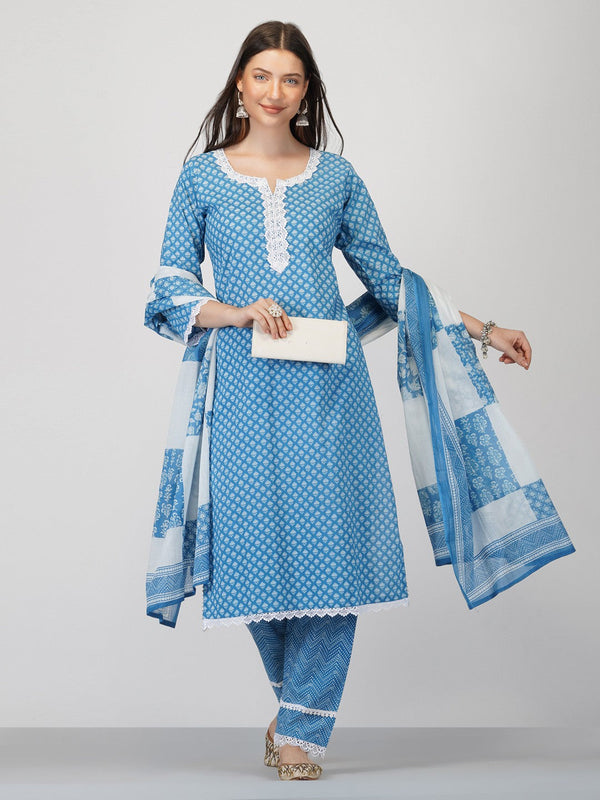 Women's Blue Cotton Blend Kurta And Pant Set - Noz2Toz