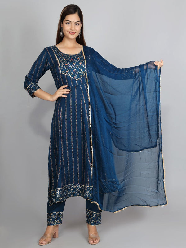 Women's Blue Viscose Rayon Kurta And Pant Set - Noz2Toz