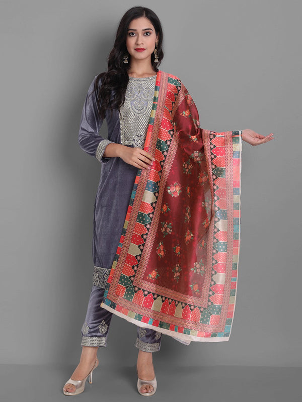 Women's Grey Embroidered Velvet Kurta With Trousers & Withã¢ Dupatta - Noz2Toz