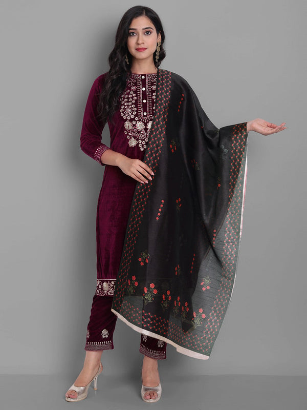 Women's Wine Embroidered Velvet Kurta With Trousers & Withã¢ Dupatta - Noz2Toz