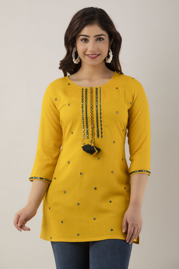 Women's Embroidered Viscose Rayon Regular Top (Mustard) - Charu