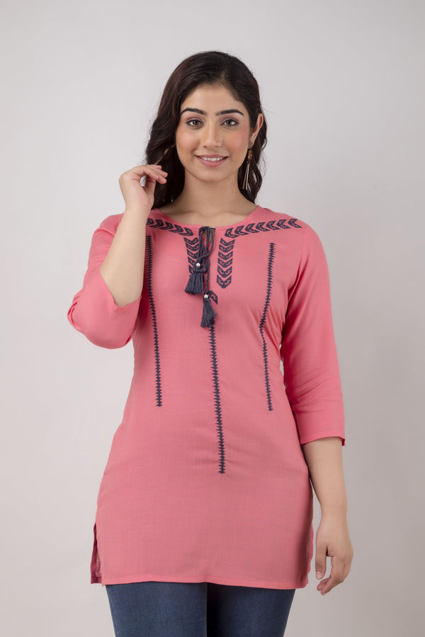 Women's Embroidered Viscose Rayon Regular Top (Peach) - Charu