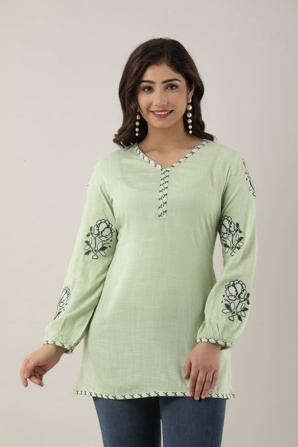 Women's Embroidered Viscose Rayon Regular Top (Light Green) - Charu