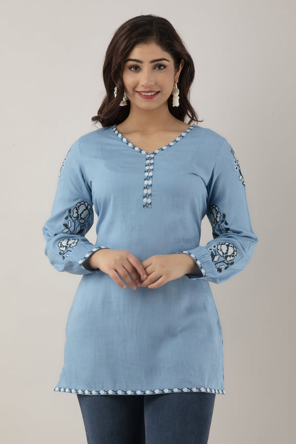 Women's Embroidered Viscose Rayon Regular Top (Sky Blue) - Charu