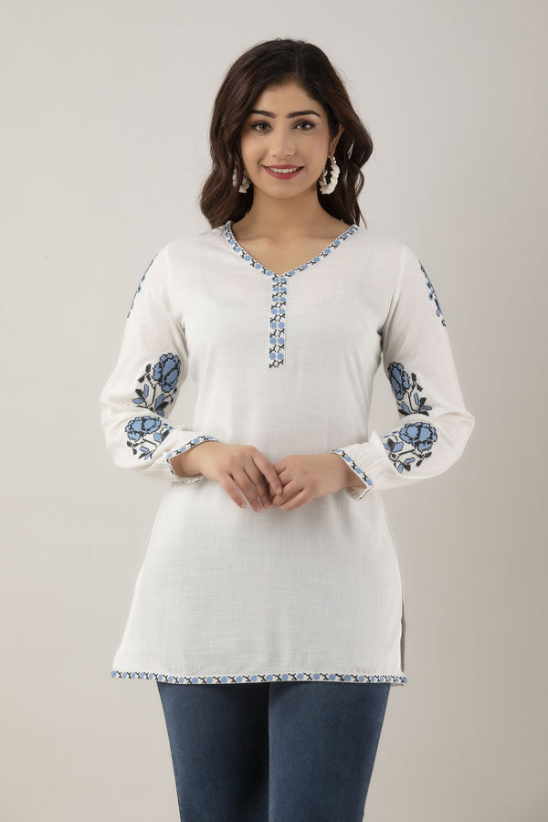 Women's Embroidered Viscose Rayon Regular Top (White) - Charu