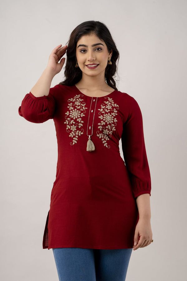 Women's Embroidered Viscose Rayon Regular Top (Maroon) - Charu