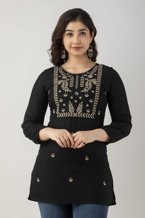 Women's Embroidered Viscose Rayon Regular Top (Black) - Charu