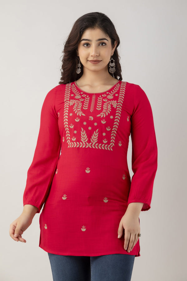 Women's Embroidered Viscose Rayon Regular Top (Rani) - Charu