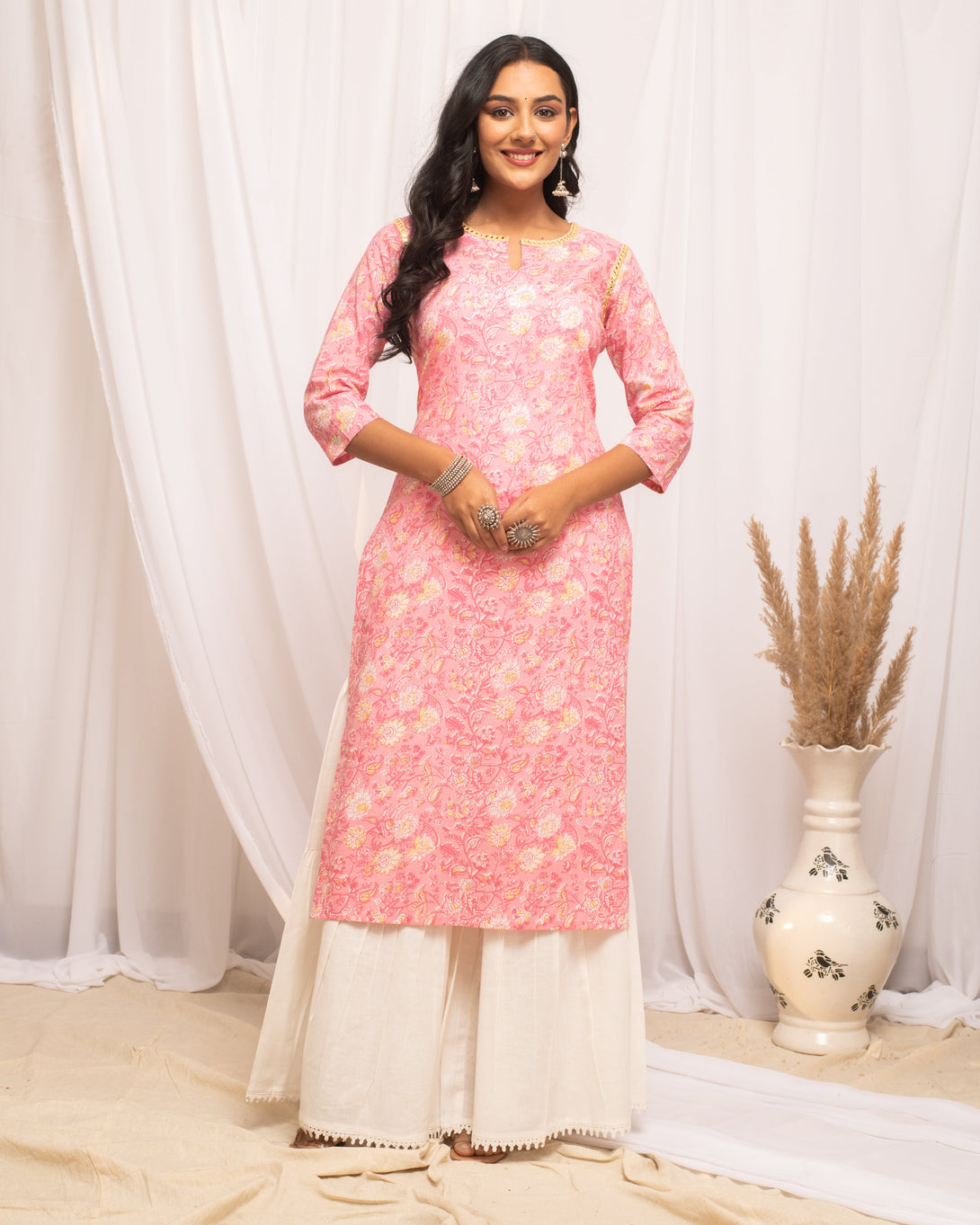 Women's Floral Printed Peach Cotton Straight Kurta - Fiorra