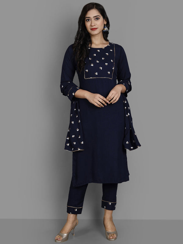 Women's Navy Blue Cotton Rayon Kurta And Pant Set - Noz2Toz