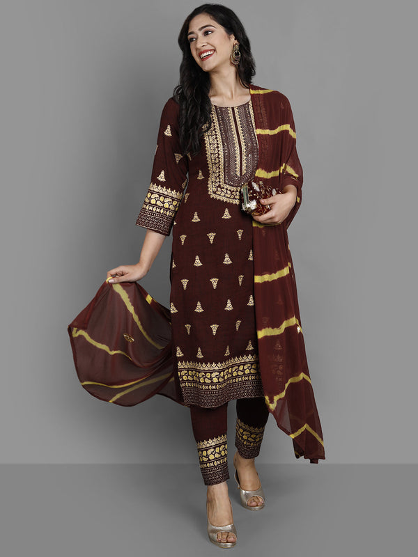 Women's Brown Cotton Blend Kurta And Pant Set - Noz2Toz