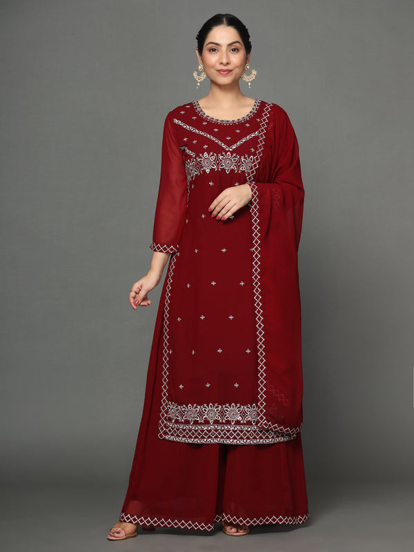 Women's Maroon Georgette Kurta, Pyjama & Dupatta Set - Noz2Toz