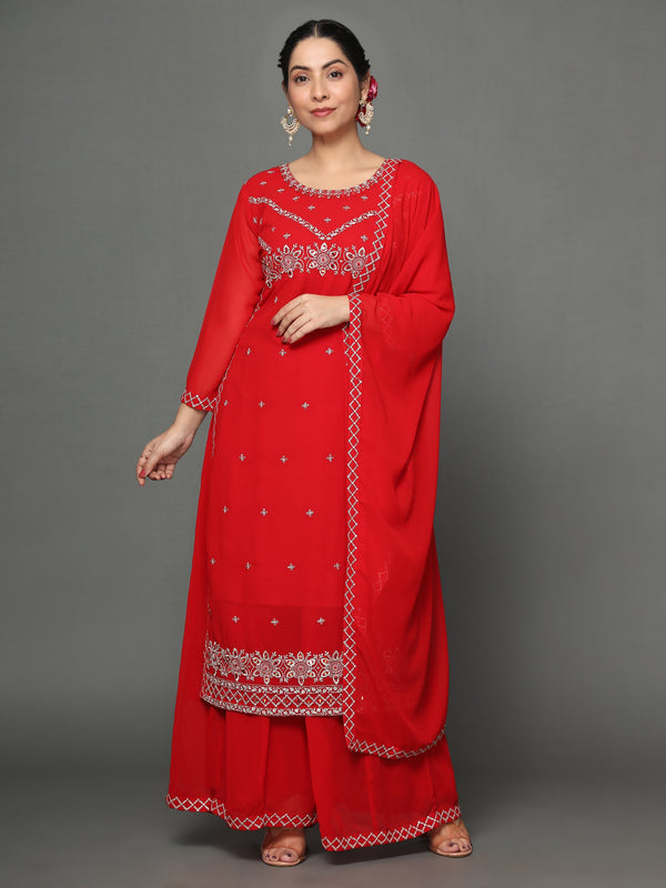 Women's Red Georgette Kurta, Pyjama & Dupatta Set - Noz2Toz