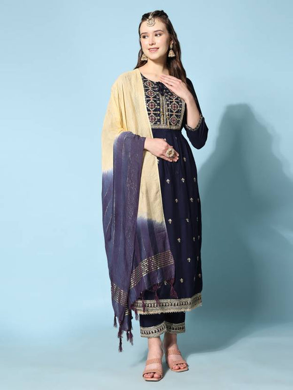 Women's Floral Embroidered Kurta With Trousers & Dupatta - Noz2Toz