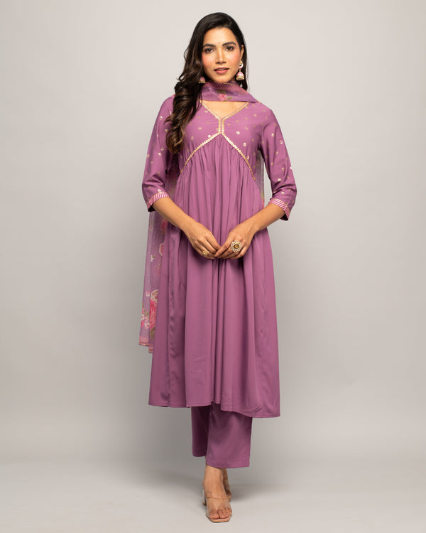 Women's Lavender Creap A-Line Kurta Pant With dupatta - Fiorra