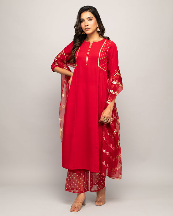 Women's Red Creap A-Line Kurta Palazzo Set with dupatta - Fiorra