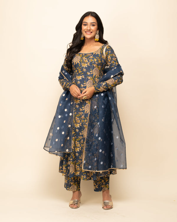 Women's Navy Blue Cotton A-Line Kurta Pant With dupatta - Fiorra