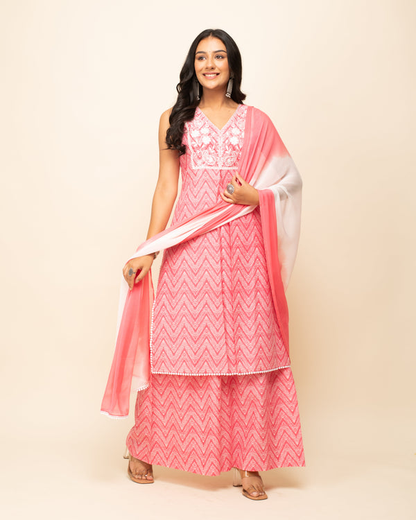 Women's Peach Cotton Straight Kurta Palazzo Set with dupatta - Fiorra