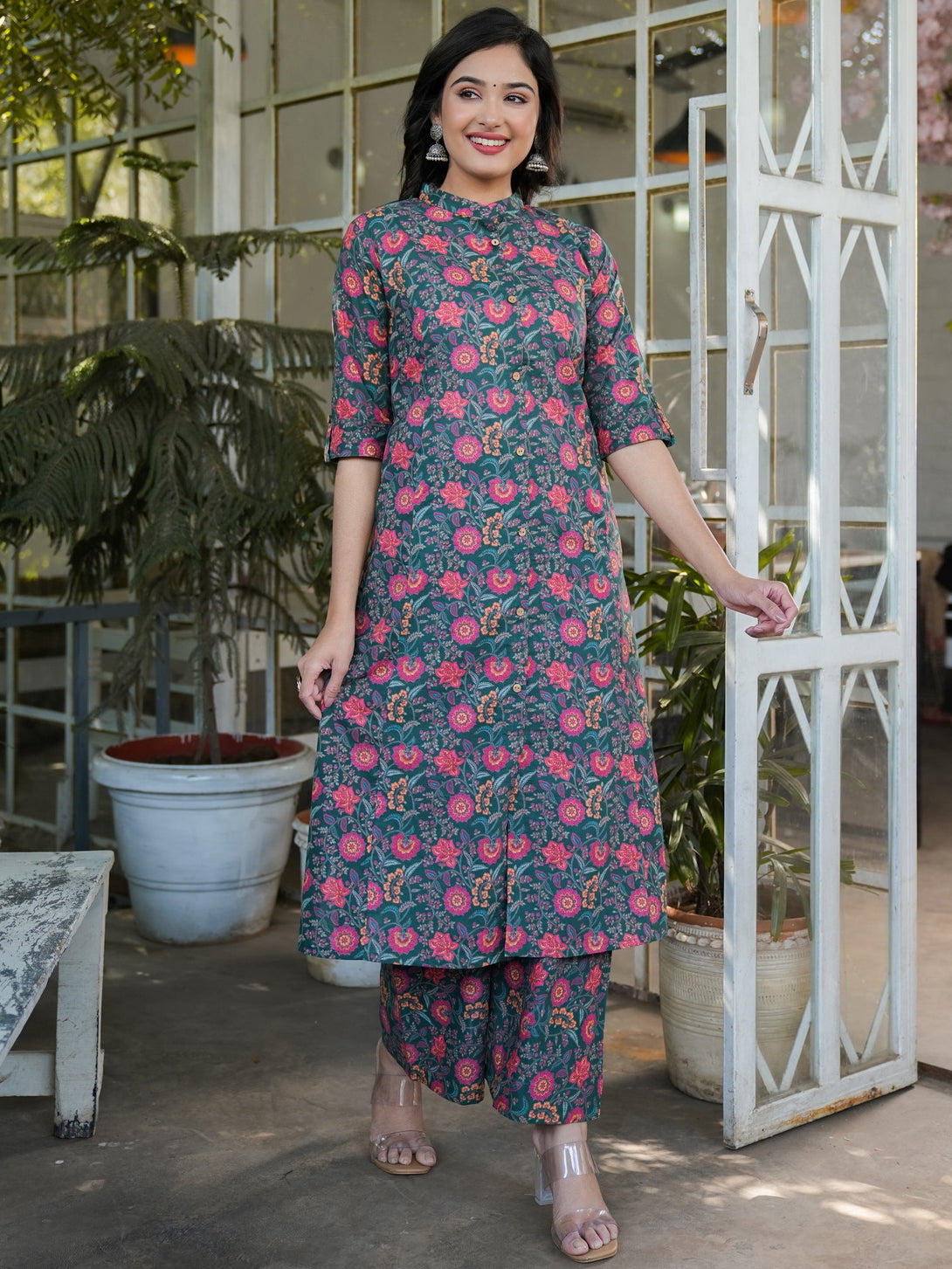 Women's Floral Print Straight Cotton Green Co-Ord Set - Vbuyz