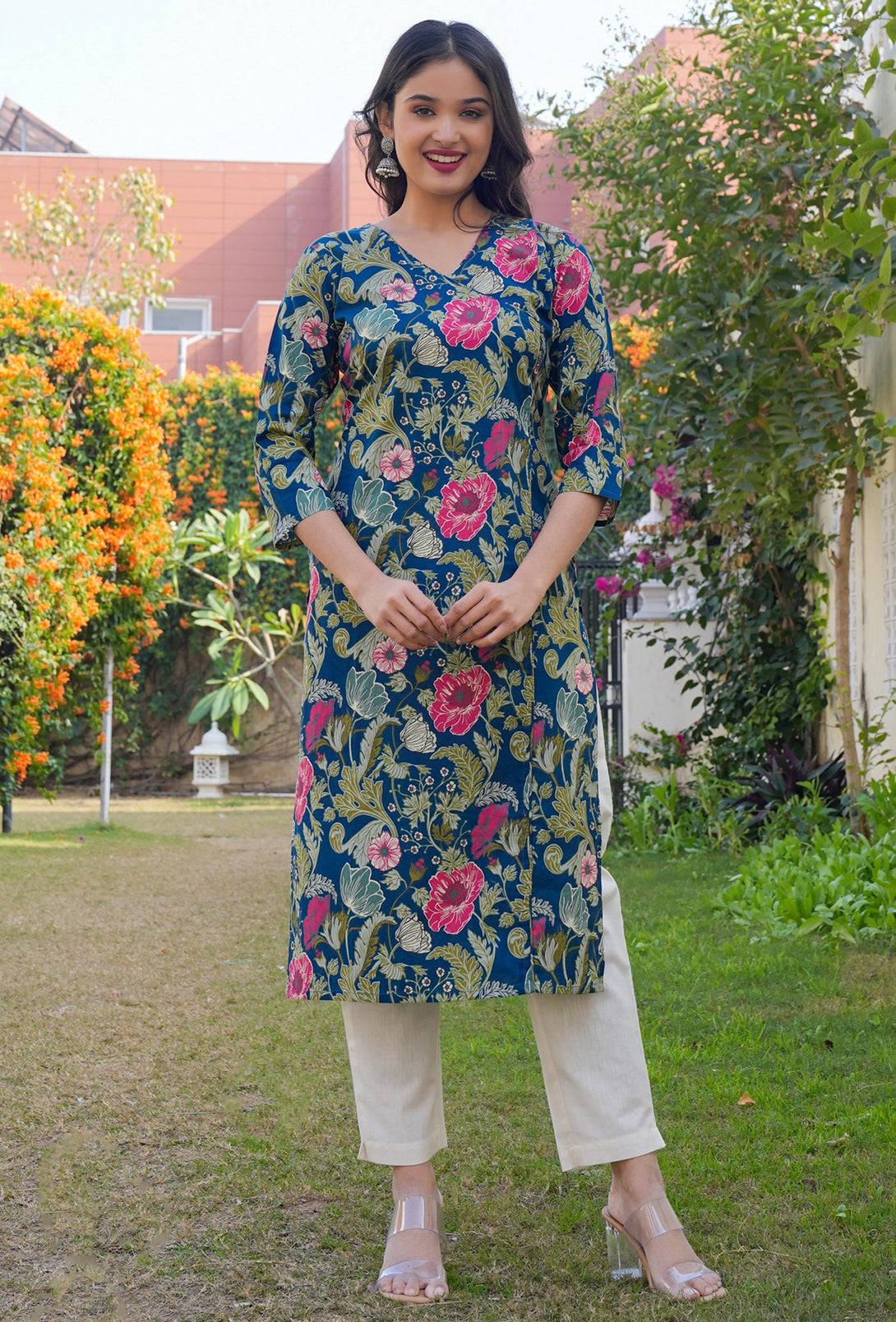 Women's Floral Print Straight Cotton Aqua Stitched Kurta - Vbuyz