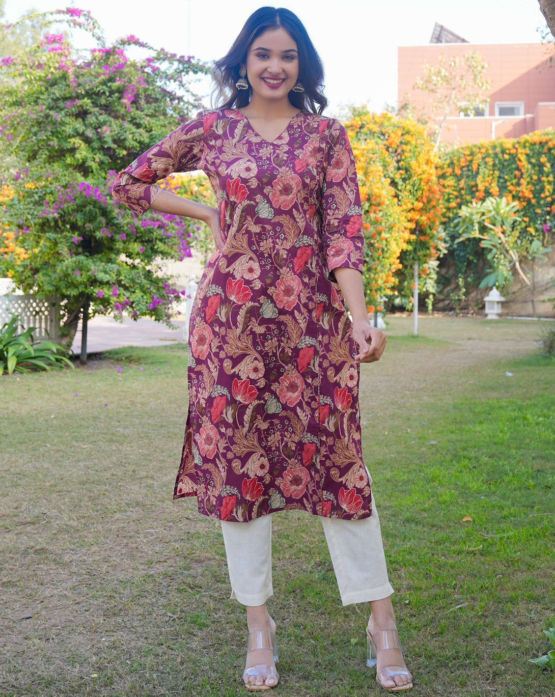 Women's Floral Print Straight Cotton Purple Stitched Kurta - Vbuyz