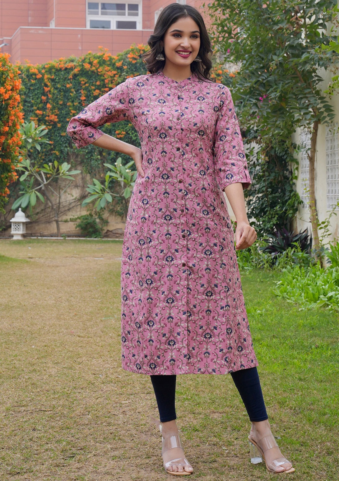 Women's Floral Print Straight Rayon Flamingo Pink Stitched Kurta - Vbuyz