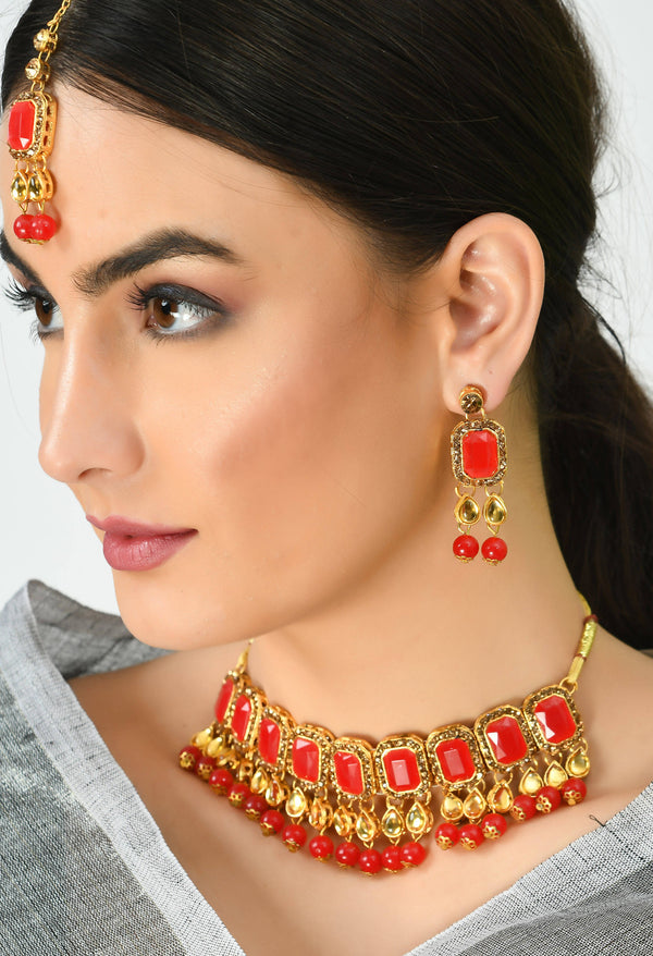 Kamal Johar Gold-Plated Red Color Stone & Pearls Necklace with Earrings ,Tikka Jkms_125