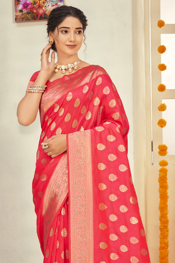 Women's Pink Silk Woven Zari Work Traditional Tassle Saree - Sangam Prints