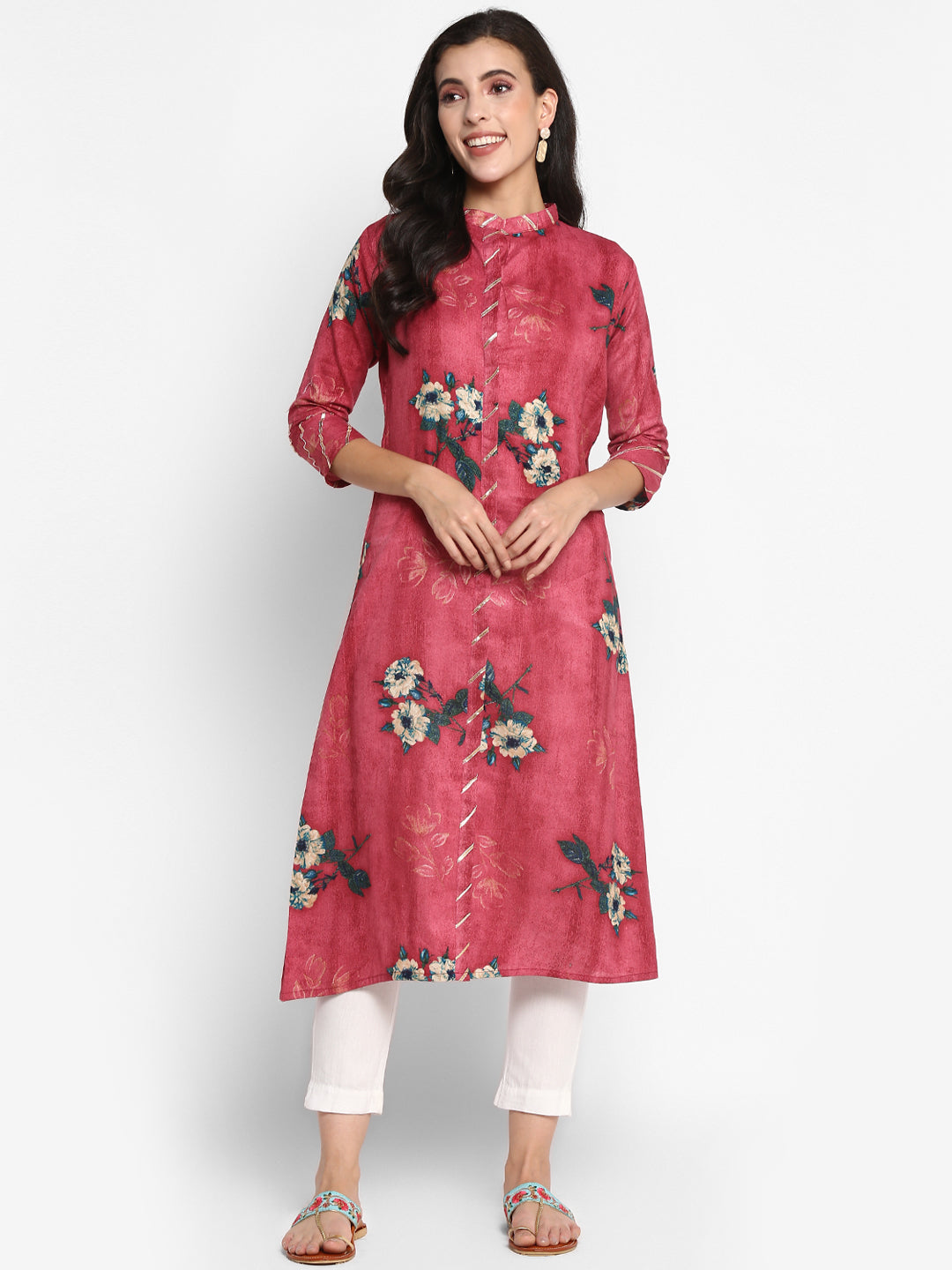 Women's Pink Color Cotton Blend Straight Floral Printed Kurta - Vaaba