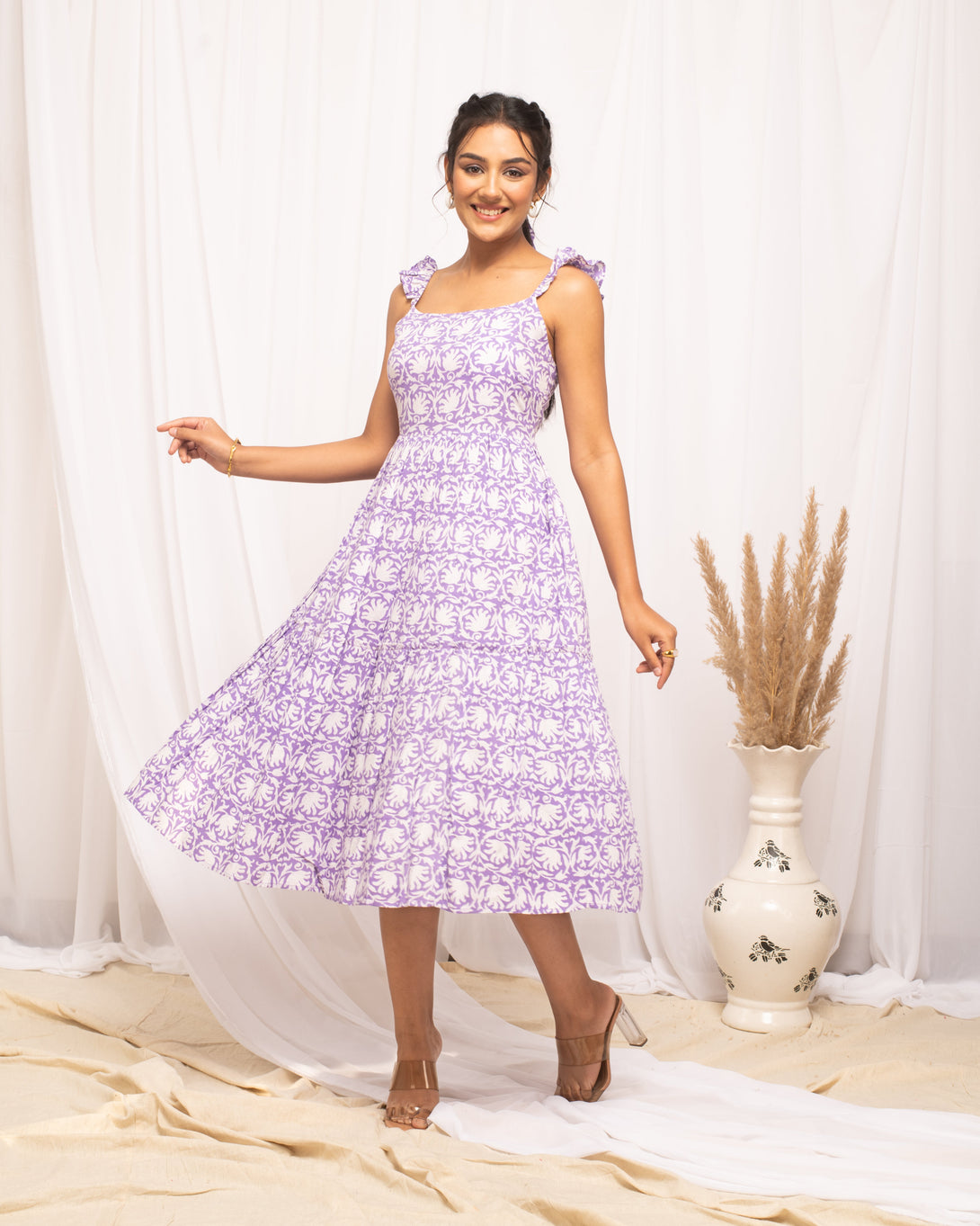 Women's Lavender Cotton Floral Printed  Dress - Fiorra