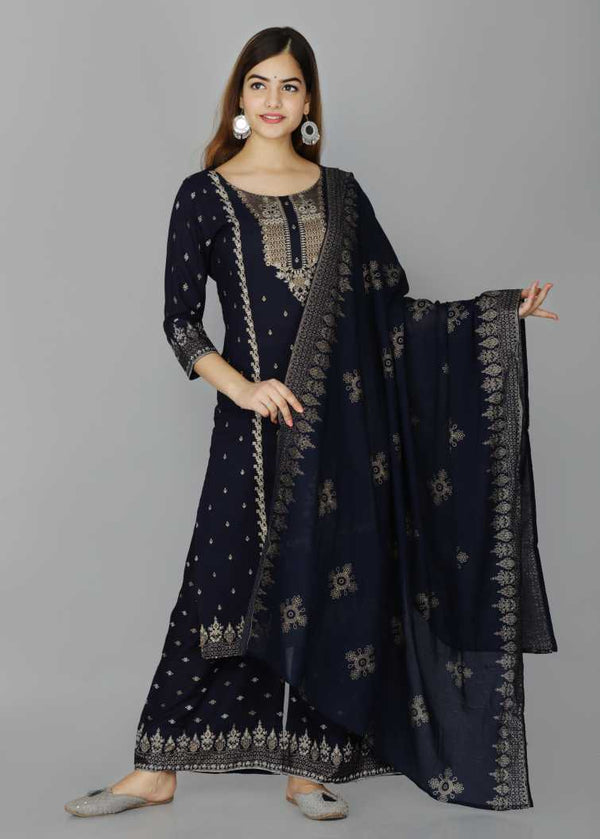 Women's Dark Blue Kurta And Palazzo Set Rayon - Noz2Toz