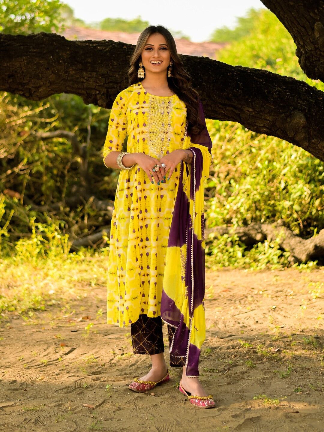 Women's Yellow Muslin Embroidered Panelled Printed A-Line Kurta Set With Dupatta - Vaaba