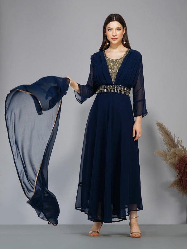 Women's Blue Georgette A-Line Kurta - Noz2Toz