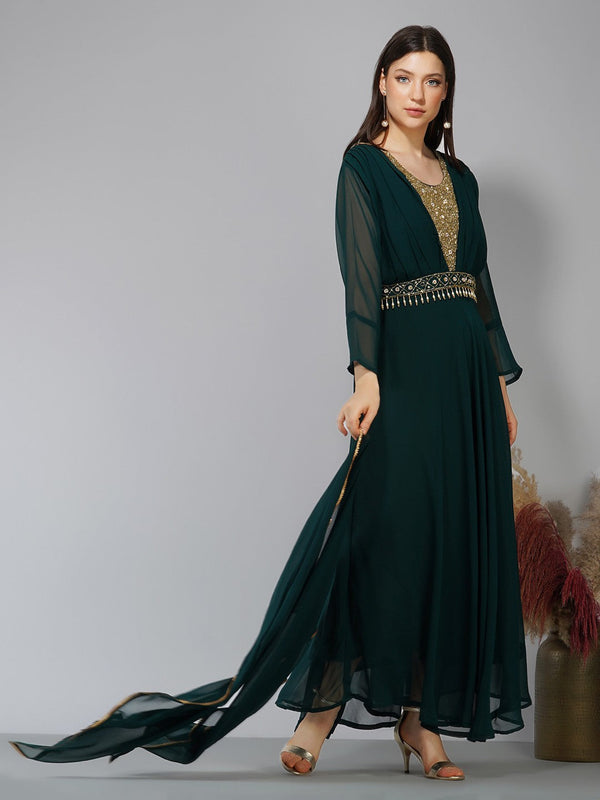 Women's Green Georgette A-Line Kurta - Noz2Toz