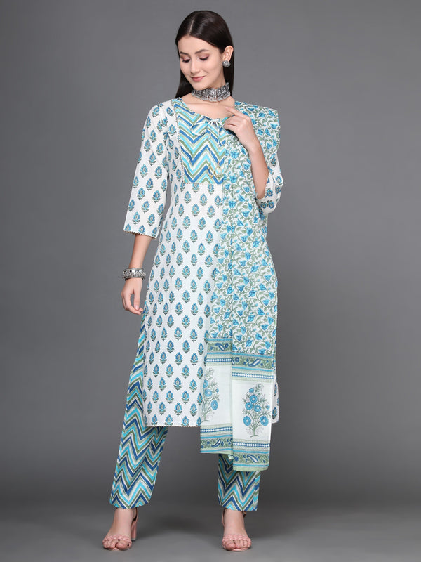 Women's Light Blue Cotton Blend Kurta And Pant Set - Noz2Toz