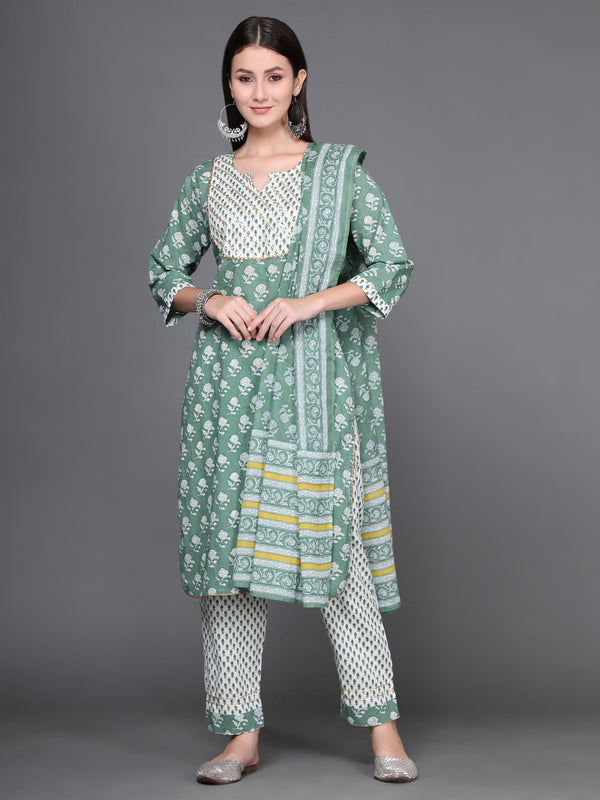 Women's Light Green Cotton Blend Kurta And Pant Set - Noz2Toz