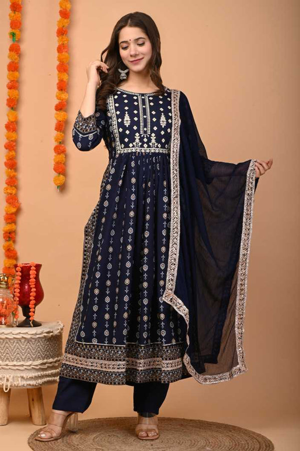 Women's Blue Kurta And Palazzo Set Rayon - Noz2Toz