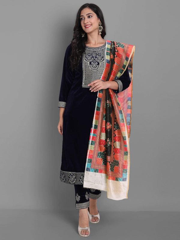 Women's Navy Blue Embroidered Velvet Kurta With Trousers & Withã¢ Dupatta - Noz2Toz