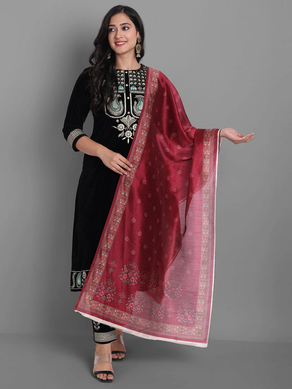 Women's Black Embroidered Velvet Kurta With Trousers & Withã¢ Dupatta - Noz2Toz