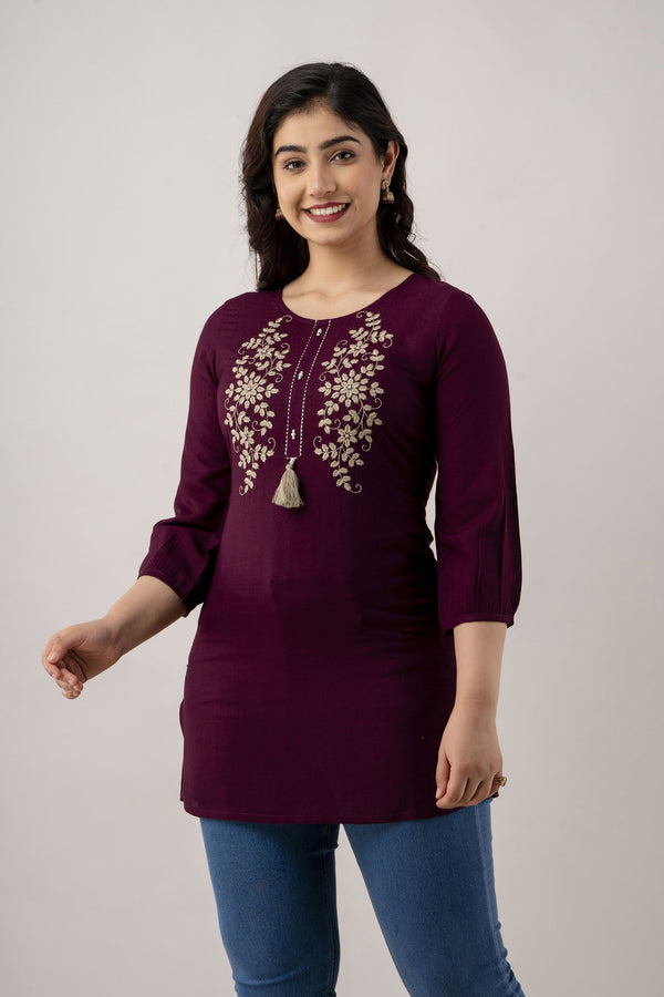 Women's Embroidered Viscose Rayon Regular Top (Voilet) - Charu