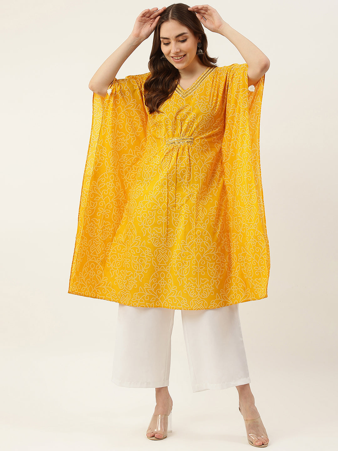 Women's Floral Printed Yellow Cotton Kaftan - Fiorra