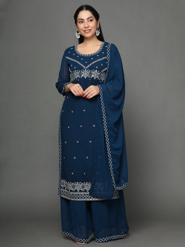 Women's Blue Georgette Kurta, Pyjama & Dupatta Set - Noz2Toz