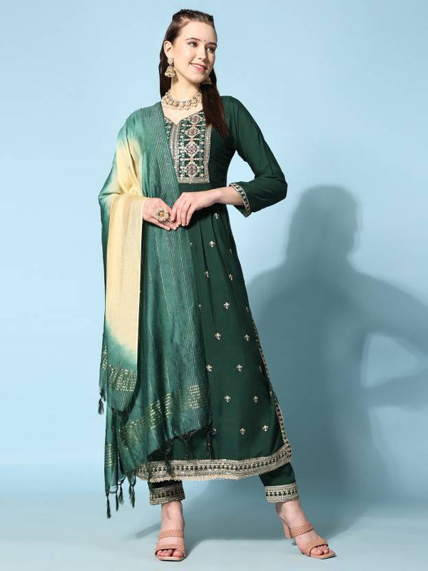 Women's Floral Embroidered Kurta With Trousers & Dupatta - Noz2Toz