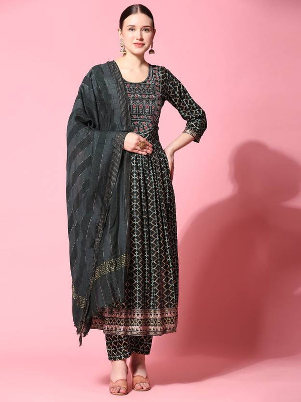 Women's Ethnic Motifs Printed Pleated Thread Work Kurta With Trousers & Dupatta - Noz2Toz