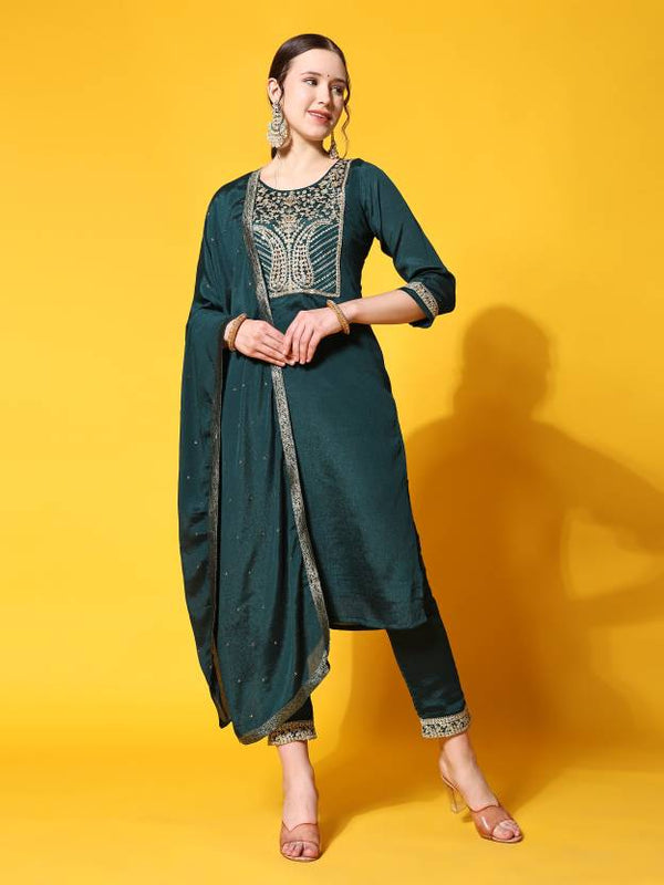 Women's Ethnic Motifs Yoke Design Kurta With Trousers & Dupatta - Noz2Toz