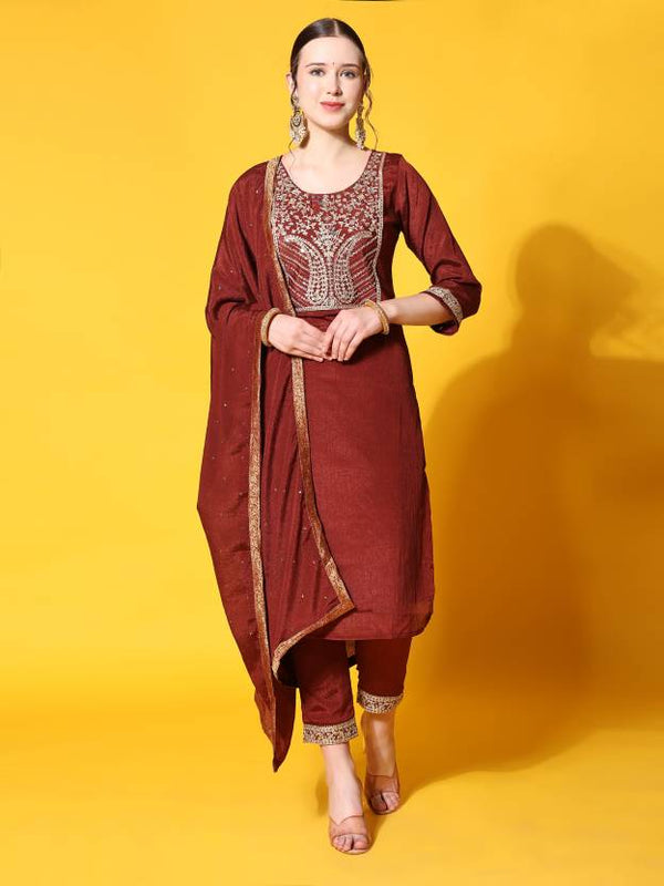 Women's Ethnic Motifs Yoke Design Kurta With Trousers & Dupatta - Noz2Toz