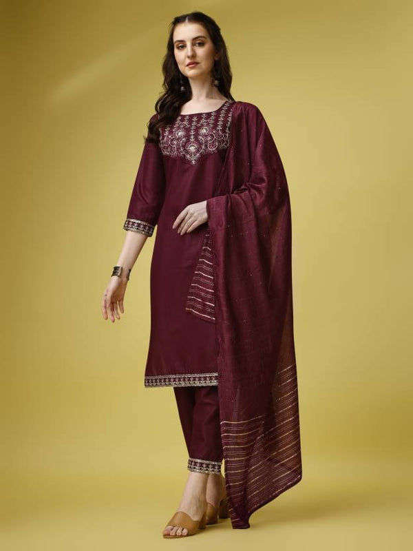 Women's Ethnic Motifs Embroidered Yoke Design Kurta With Trousers & Dupatta - Noz2Toz